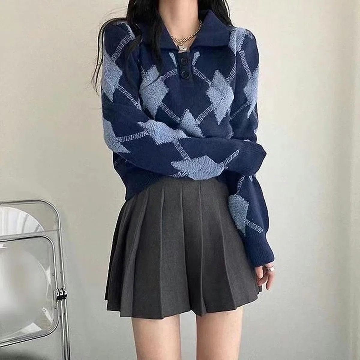 WEITING Maglione con Stampa a Rombi Stile Coreano Donna Preppy Blu Colletto Polo Moda Maglione Lavorato a Maglia Donna Autunno Inverno Pullover-Shenlan-S