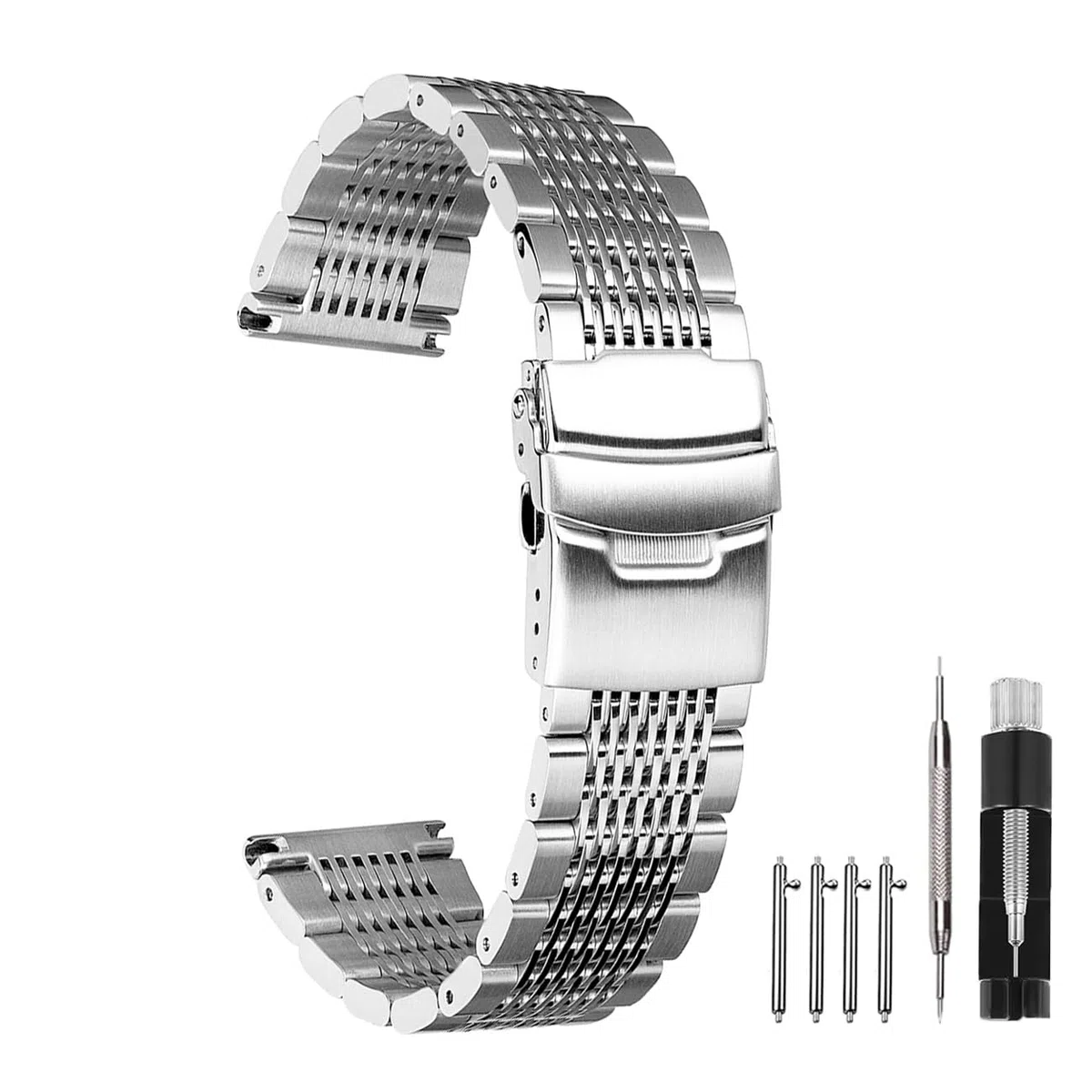 Cinturino di ricambio per orologio, in acciaio inossidabile di alta qualità, colore nero e argento, in rete metallica, unisex, con doppia chiusura deployante, 18 mm, 20 mm, 22 mm, 24 mm