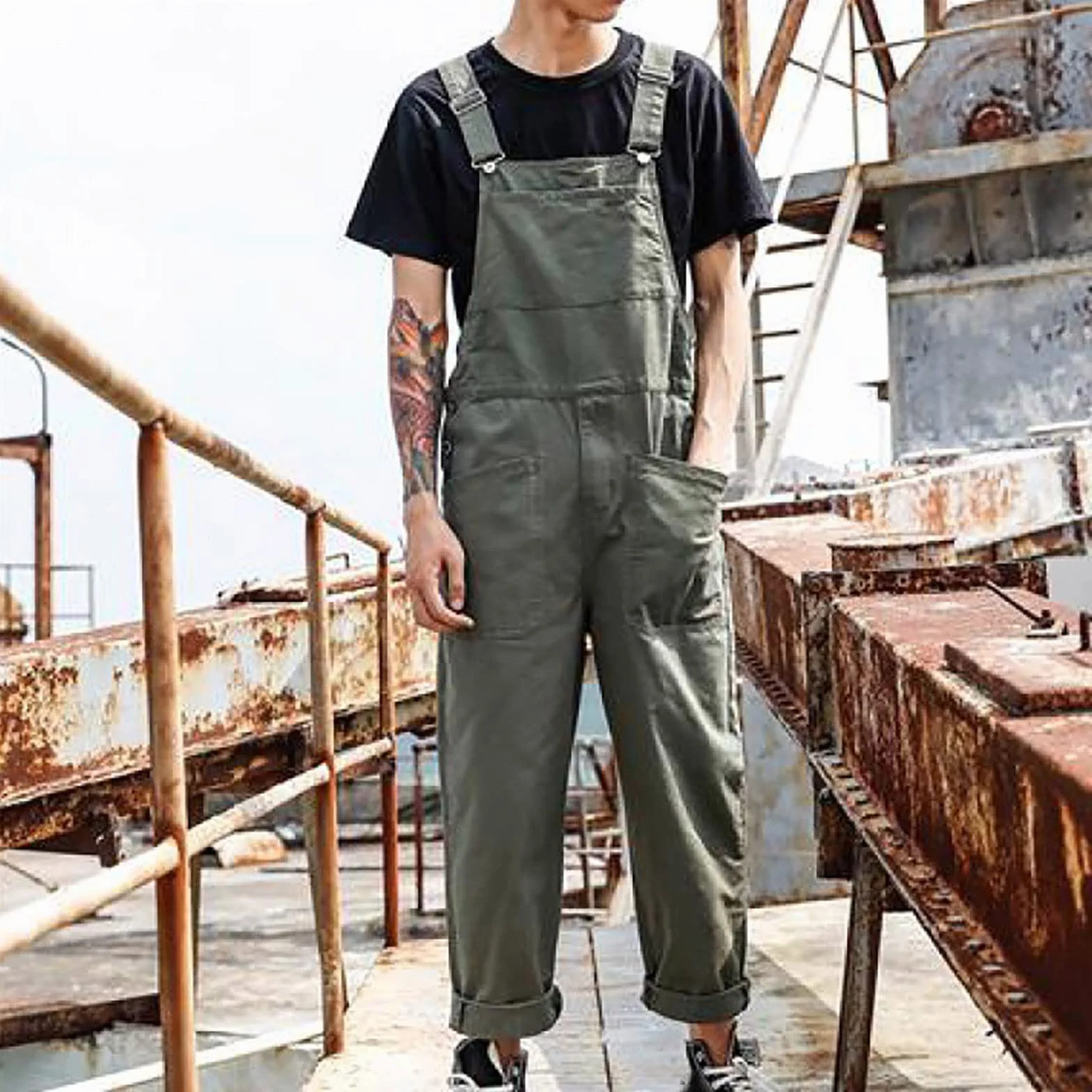 QWUVEDS Salopette uomo alla moda, vestibilità rilassata, tuta casual in cotone, salopette leggere con tasche alpinista pantaloni uomo jeans slim fit jeans uomo uomo vestibilità regolare