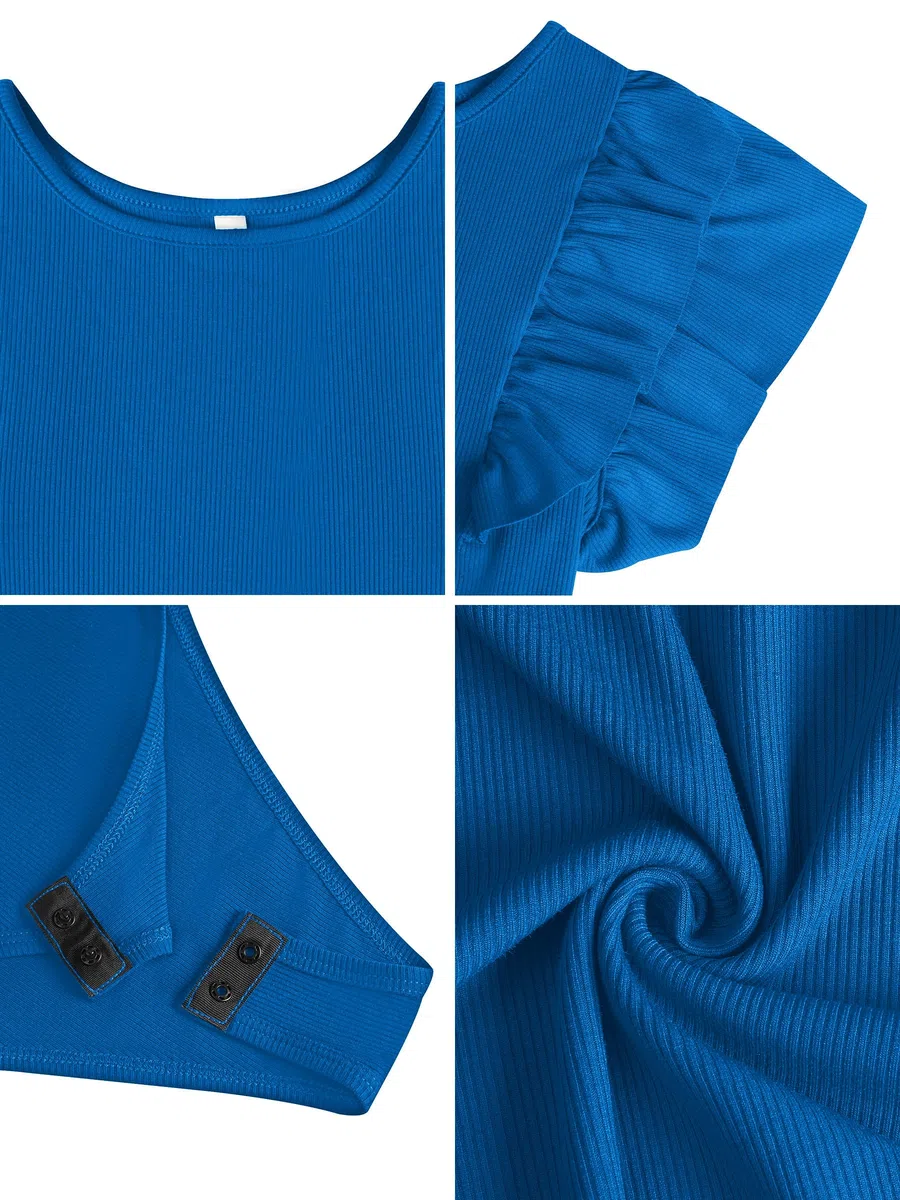 Missufe Body estivo da donna con volant e maniche a volant, a costine, stile casual