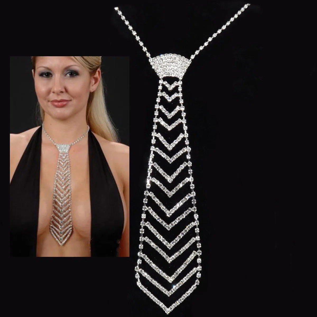 Cravatta Lunga e Stretta con Strass Scintillanti, Collana, Gioielli, Accessori per Feste per Donne Che Ballano.