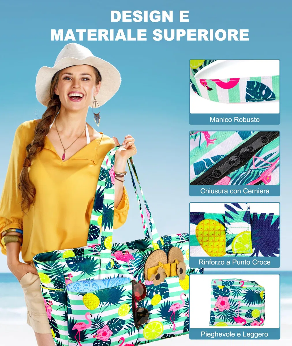 ISEYOU Borsa Mare Grande XXL Famiglia, Borsa Spiaggia con Chiusura Zip e Impermeabile, Leggera e Pieghevole, Multitasche ad Ampia Capacità Borsello Tracolla Donna per Shopping, Viaggio, Campeggio