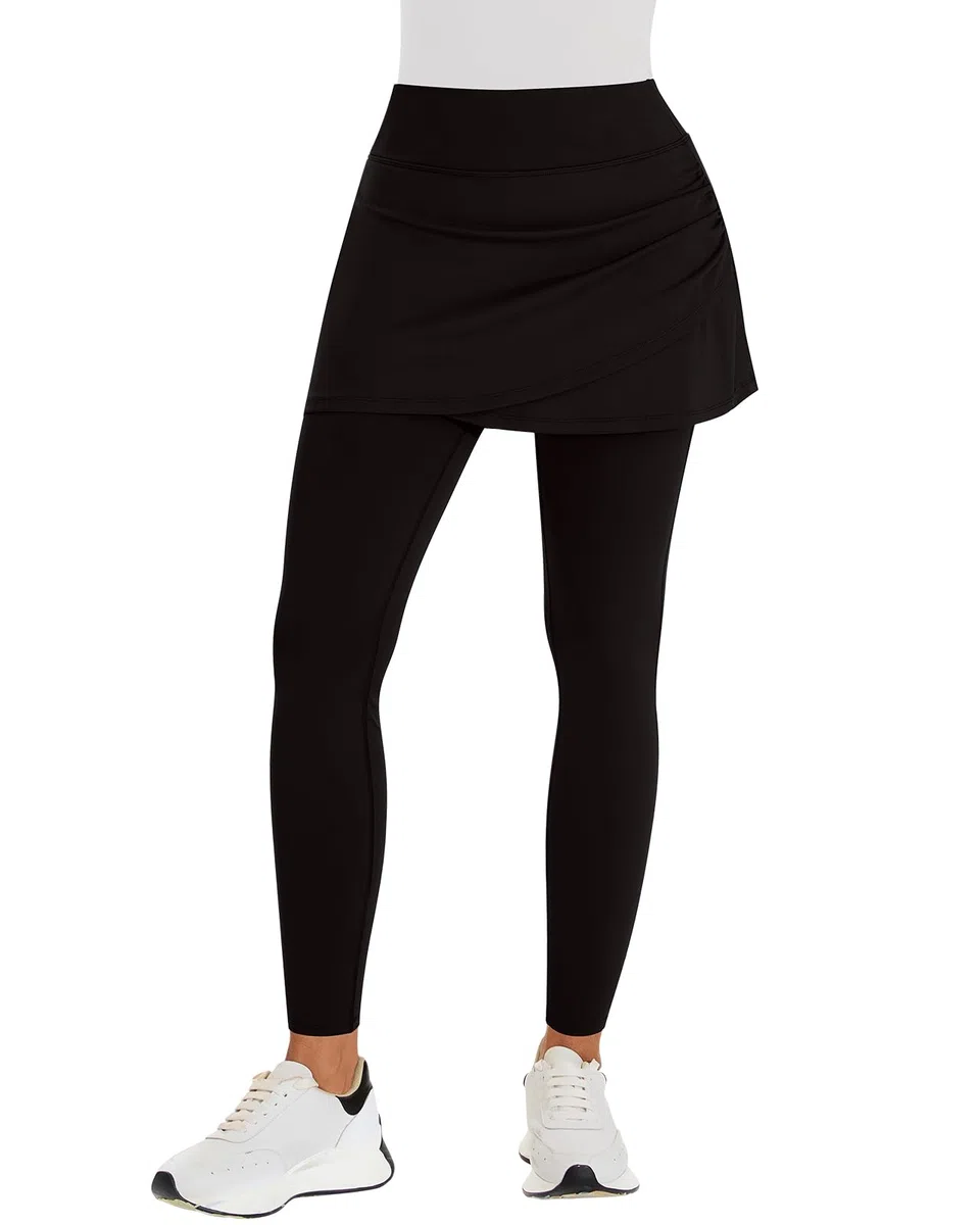 WOWENY Leggings da donna con gonna, lunghezza alla caviglia, gonna da tennis, con leggings con tasche, morbidi e gonne, 2 in 1