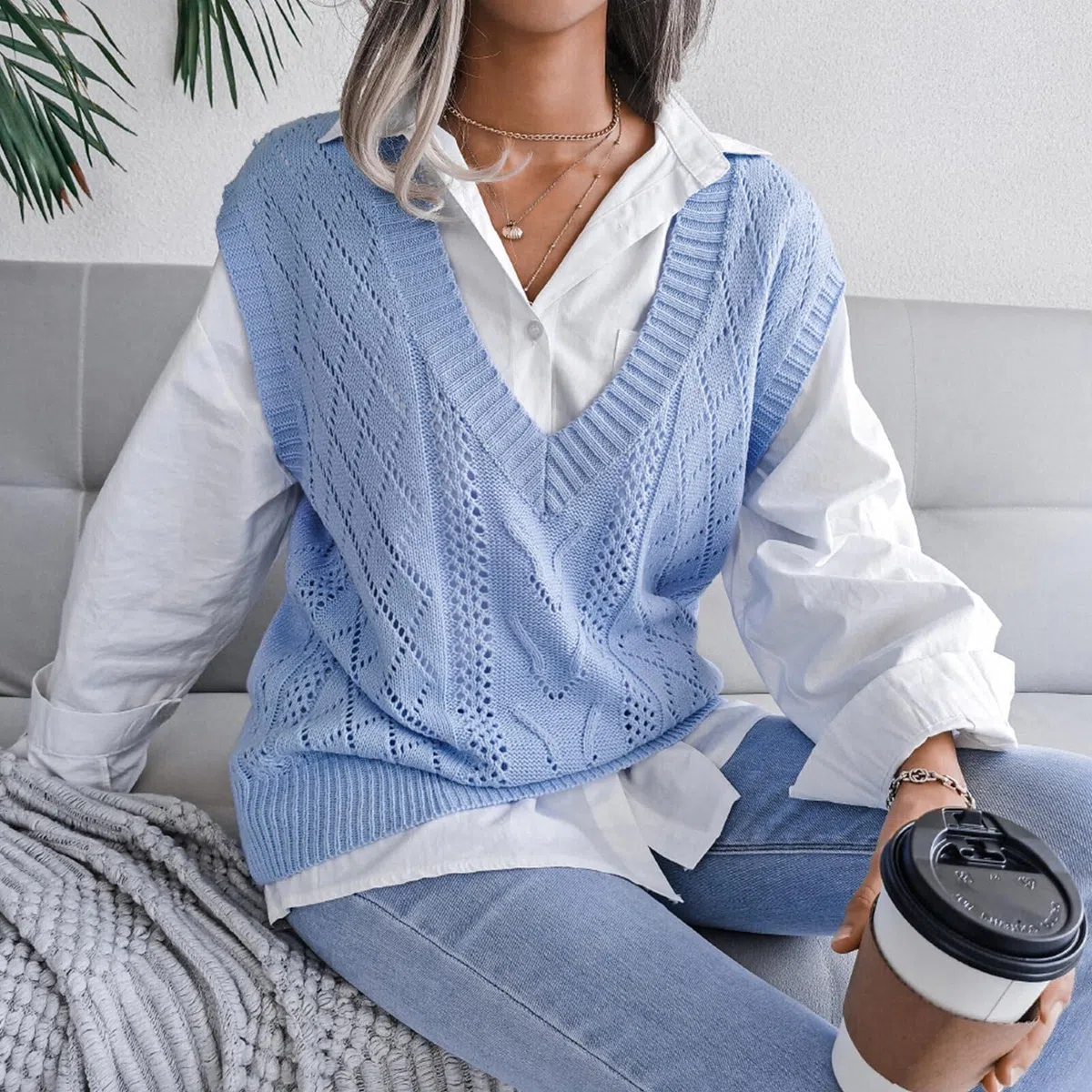 FEOYA Gilet con Scollo a V da Donna Ragazza Maglione Lavorato Senza Maniche Allentato Pullover Smanicato in Maglia Caldo Casual Vintage Chic Carino Inverno Autunno Primaverile Scolastico Natale S-XXL