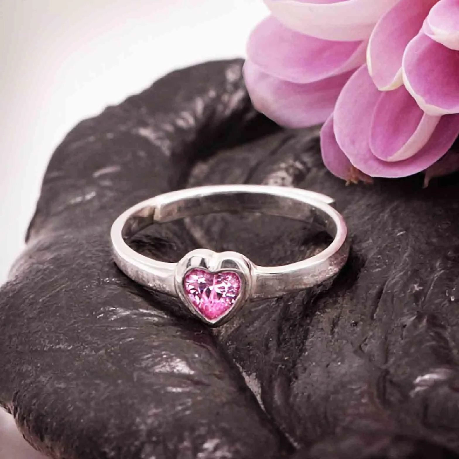 Clever Schmuck - Anello da bambina in argento sterling 925 lucido con zircone rosa a forma di cuore, misura universale, regolabile, in astuccio rosa, Zircone cubico