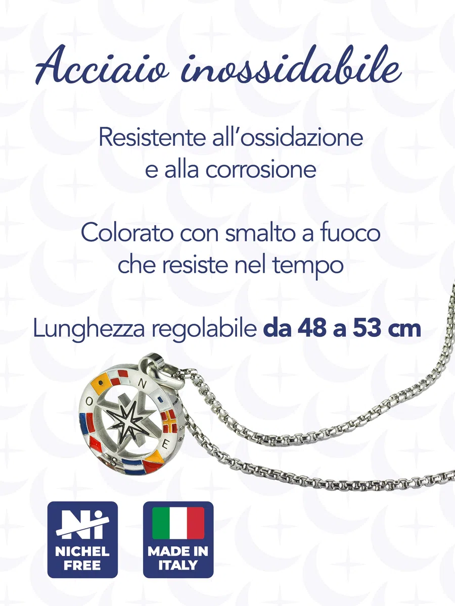 inSCINTILLE Collana Uomo Acciaio Ciondolo Rosa dei Venti, Lunghezza Regolabile 48-53 cm, Confezione Regalo Inclusa, Collanina Uomo Pendente, Catenina