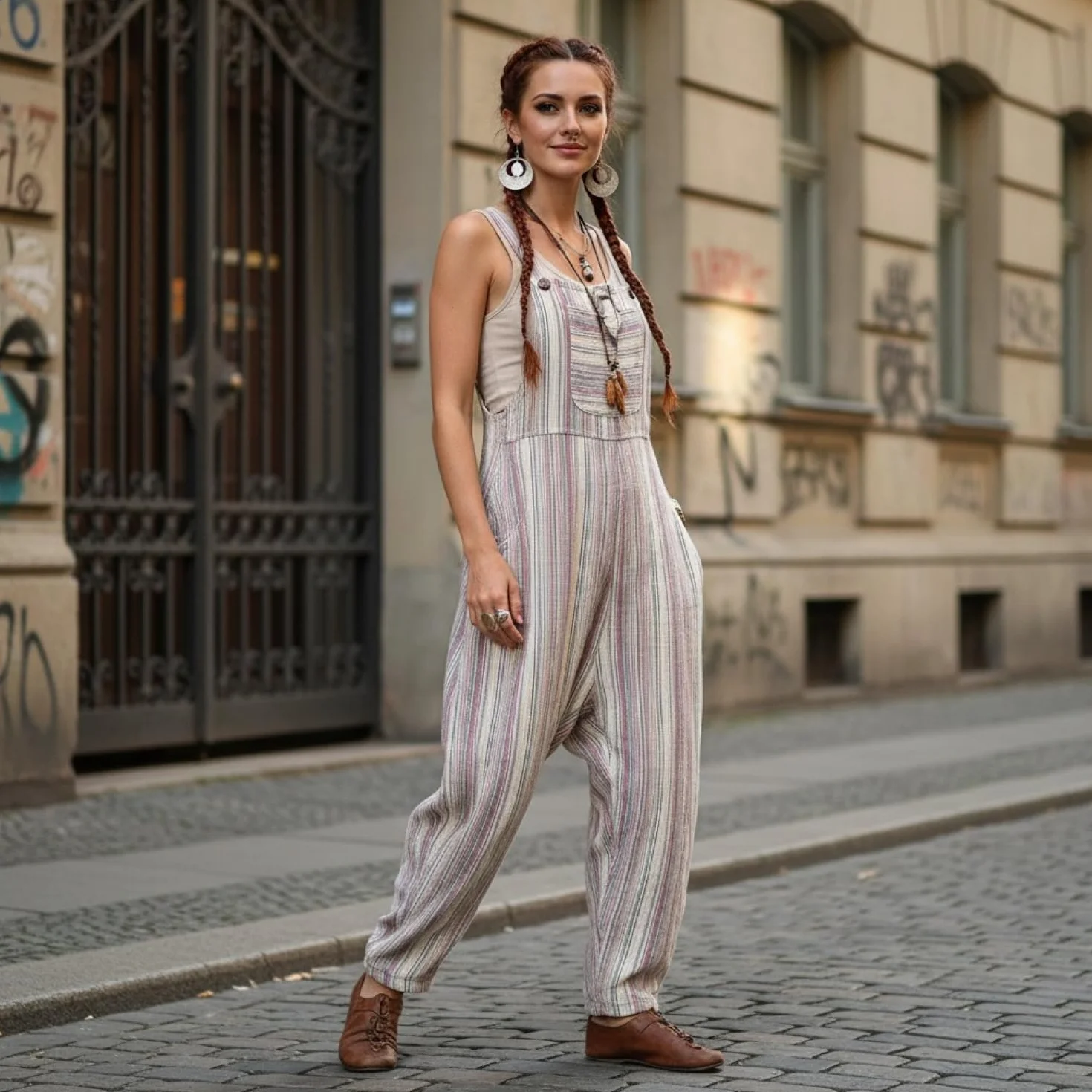 GURU SHOP Salopette ariose stile etnico boho oversize, tuta estiva da donna, in cotone