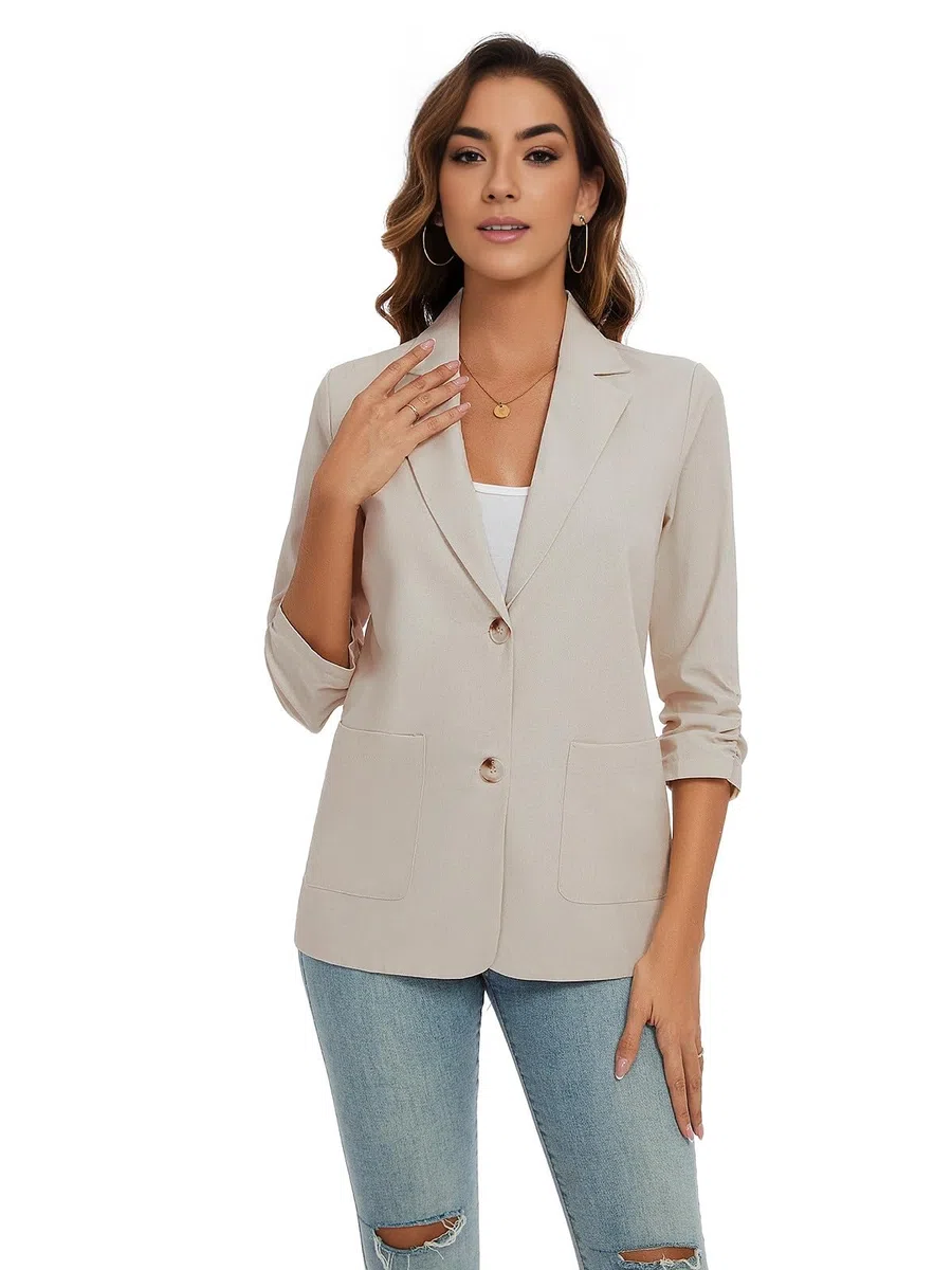 Blazer da donna a 3/4 con maniche increspate in cotone e lino, leggero, estivo, giacche eleganti con tasche con bottoni