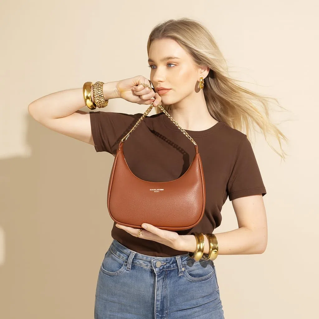 David Jones - Borsa a Spalla Donna - Borsa a Tracolla Catena Simil Pelle PU Rigida - Borsa a Mano Piccola Mezzaluna - Borsetta Pochette Borsello Hobo Clutch Sera Crossbody Bag Tendenza - Nero