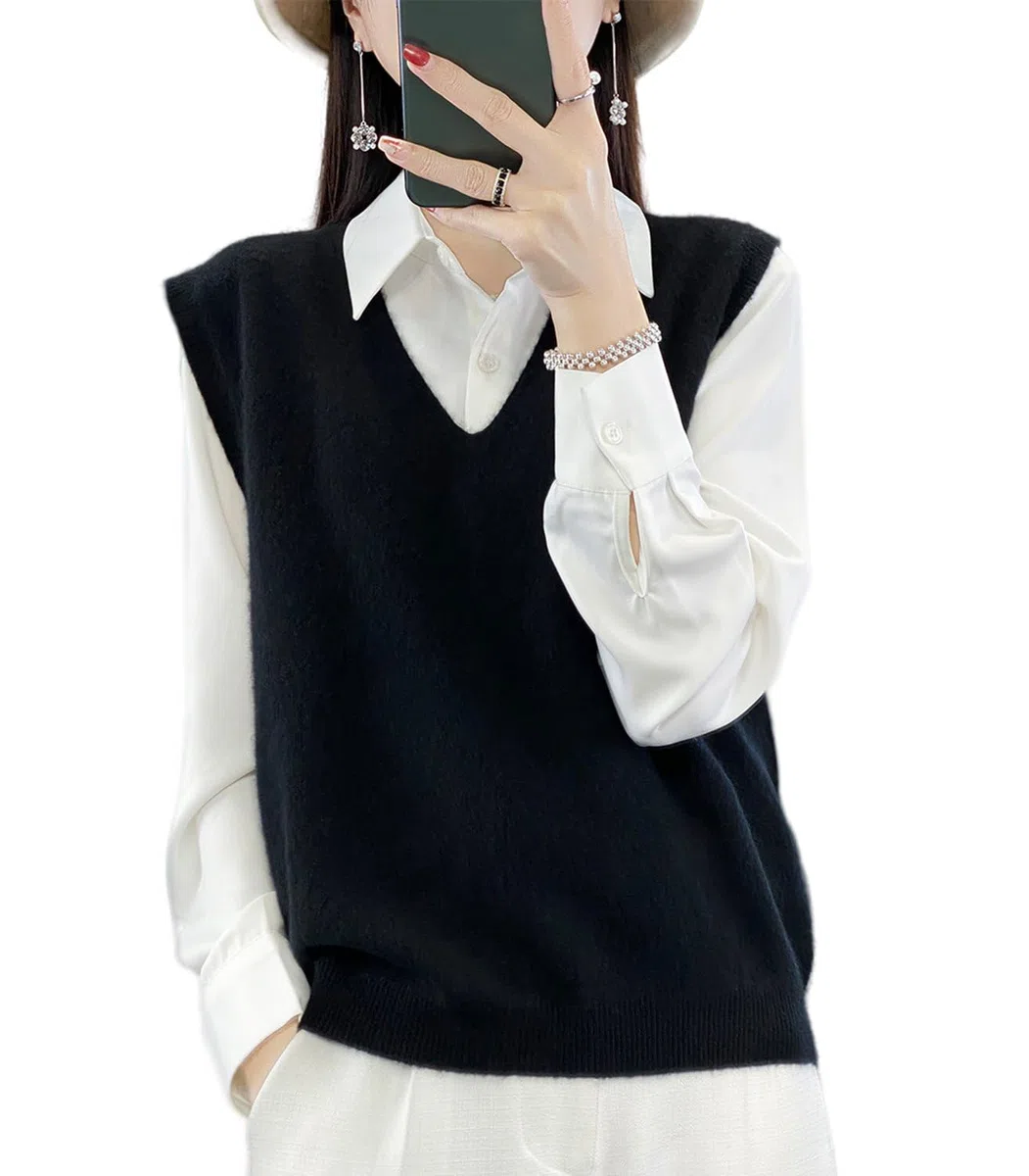 Maglione da donna con scollo a V, in 100% lana merino, leggero, senza maniche, gilet di base, top corti