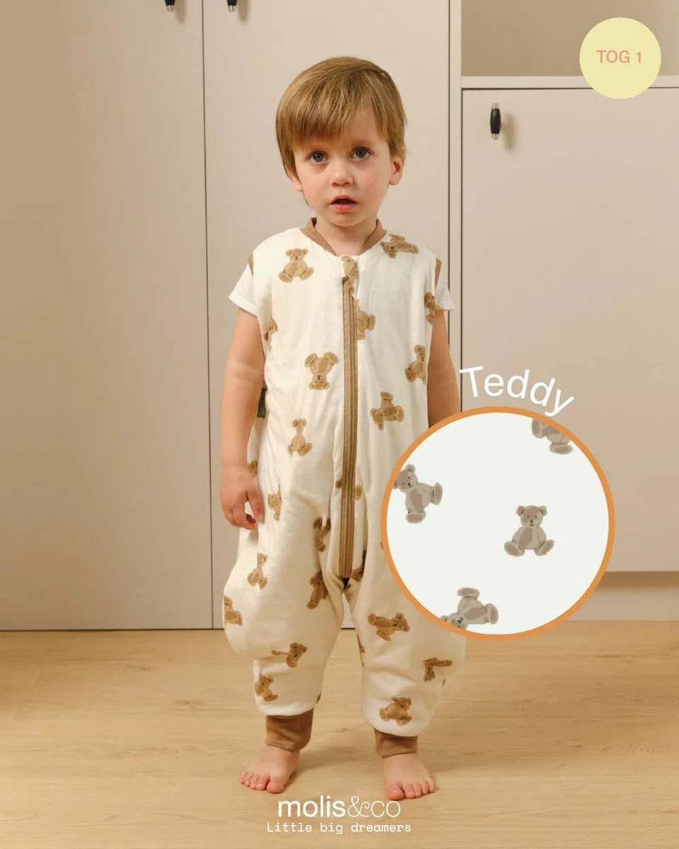 molis&co. Sacco Nanna con piedini - Sacco nanna primaverile e autunno - Sacco nanna 1 tog per Bambini - Leggermente Imbotito - 100% Cotone (Oeko-TEX 100) - Teddy (3 anni)