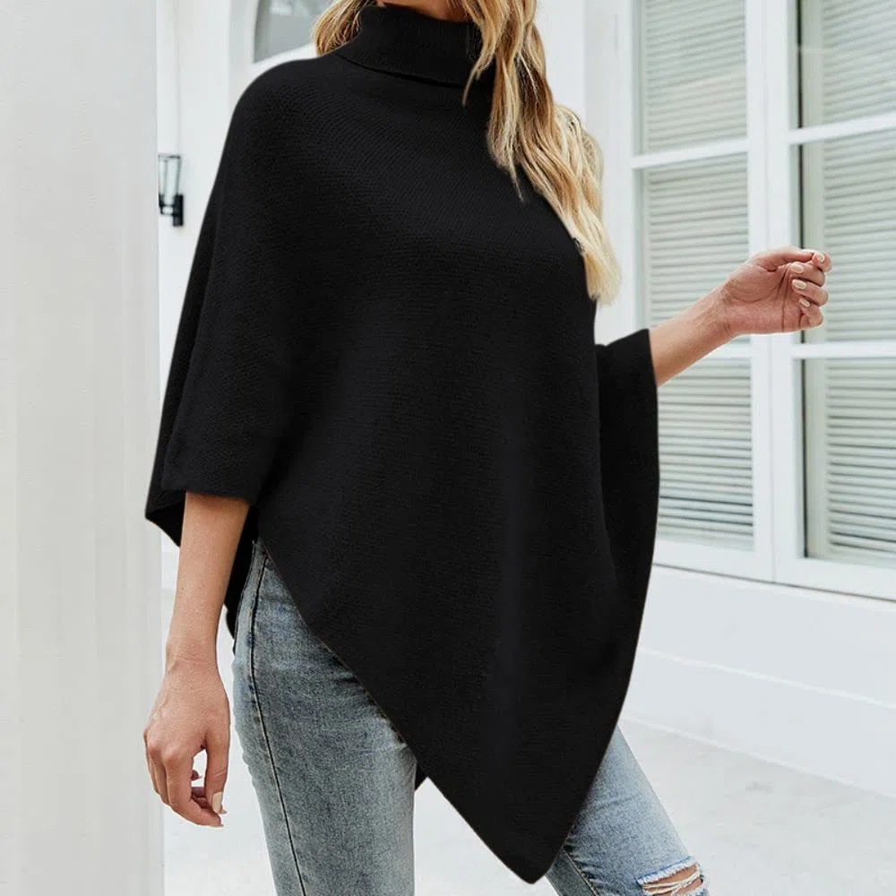 JFAN Maglia Donna Invernale Poncho a Collo Alto Quattro Bottoni Elegante