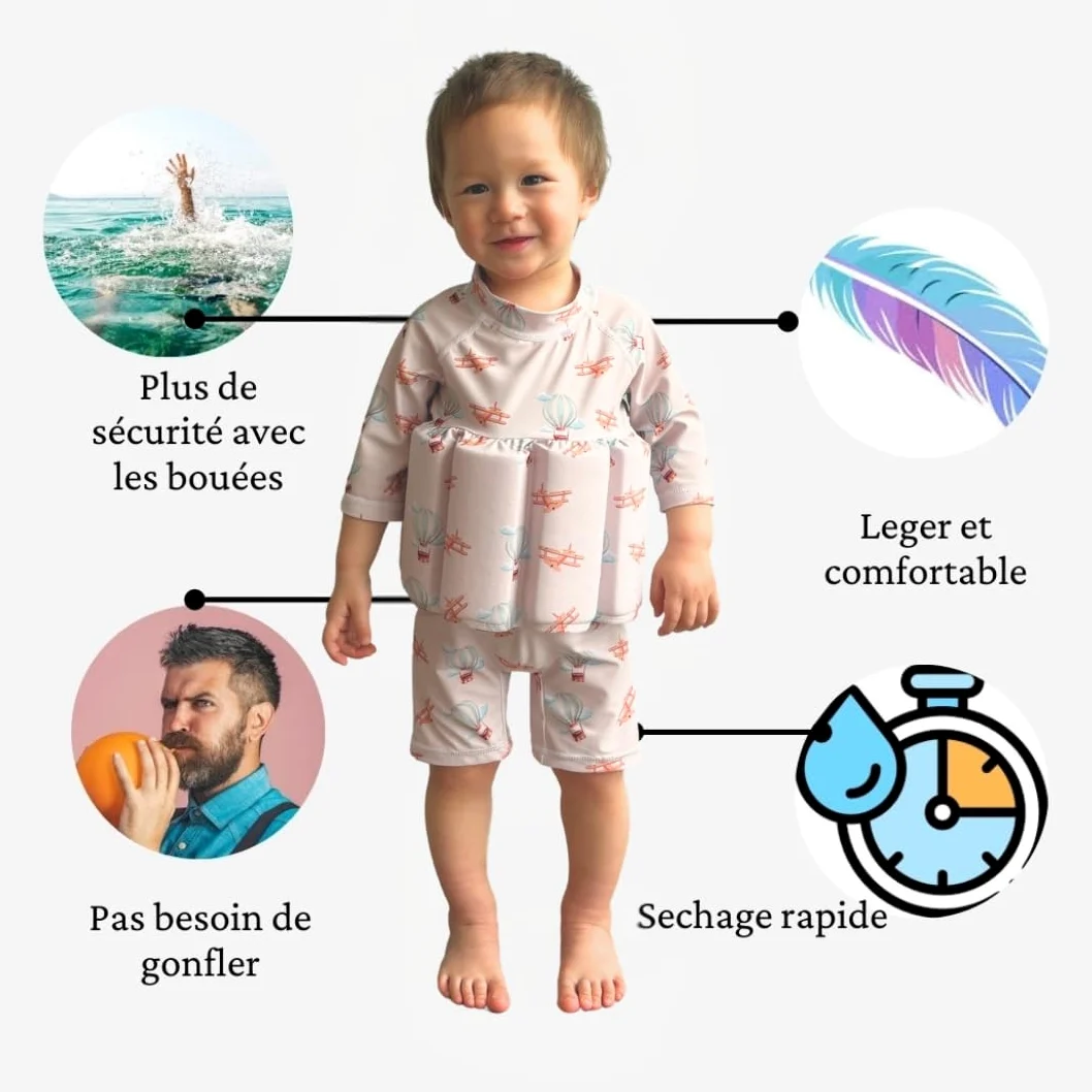 Costume da bagno anti-annegamento per ragazzo, motivo: mongolfiere e aerei, tuta a maniche lunghe, beige stile vintage