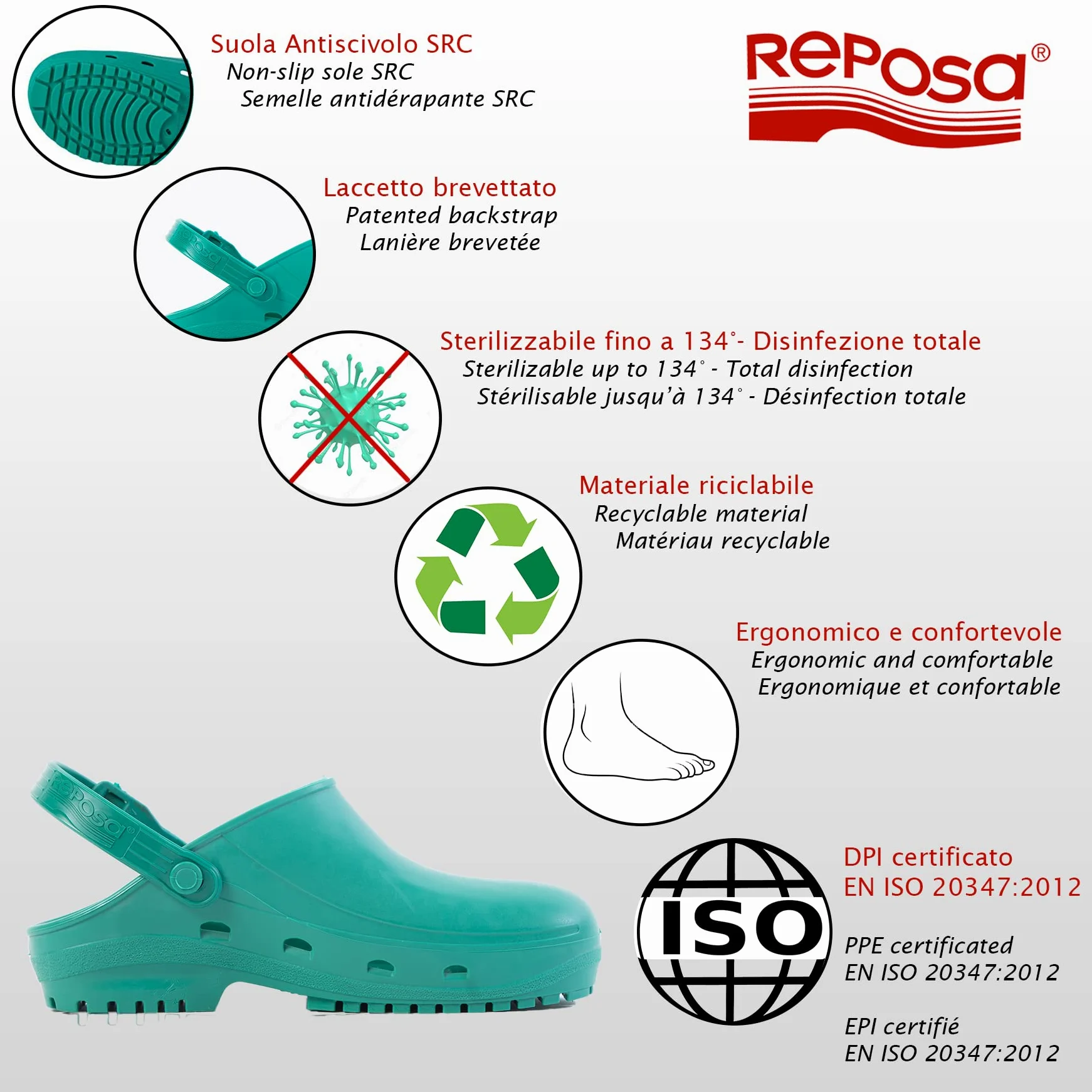 REPOSA Max - Zoccoli Sanitari Donna e Uomo in Gomma con Suola Antiscivolo SRC, Ciabatte Sanitarie Anatomiche con Laccetto Regolabile, Scarpe Sanitarie Sterilizzabili Antishock Traspiranti Leggere