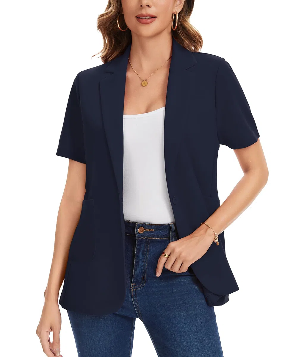 Blazer da donna a maniche corte, leggero, con risvolti a tacca e un bottone, giacche formali da lavoro casual da lavoro cappotto