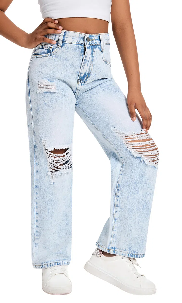 Happy Cherry Jeans Strappati Ragazze Vita Alta Elastica Baggy Casual Gamba Larga Lavato Denim Pantaloni Vintage Blu Pants con Tasche per Bambina 7-14 Anni