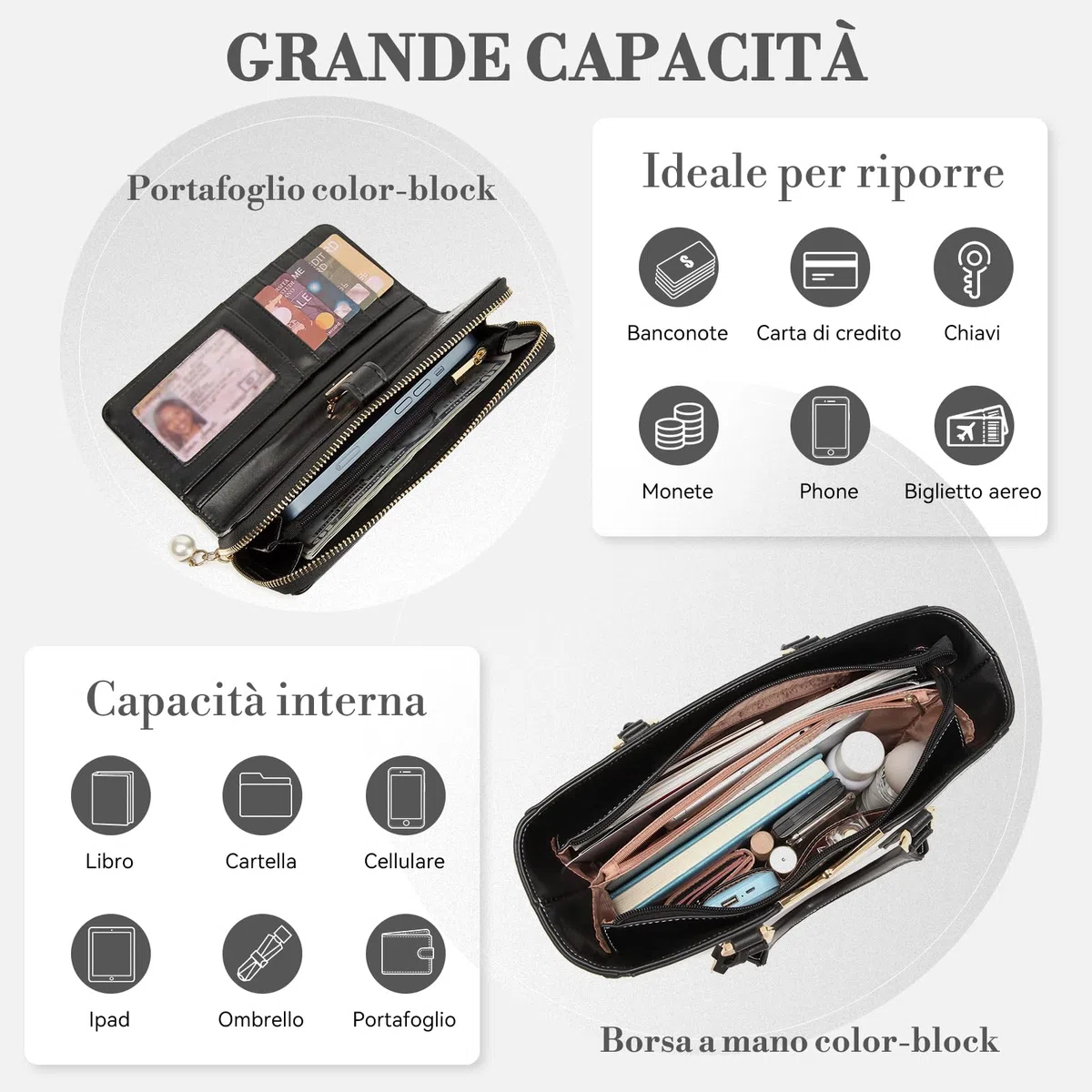 Miss Lulu Borsa Tote Donna Grande, Borse Media Firmate PU Pelle Tracolla a Forma di V, Ampia e Pratica per Viaggio, Università e Lavoro Nero
