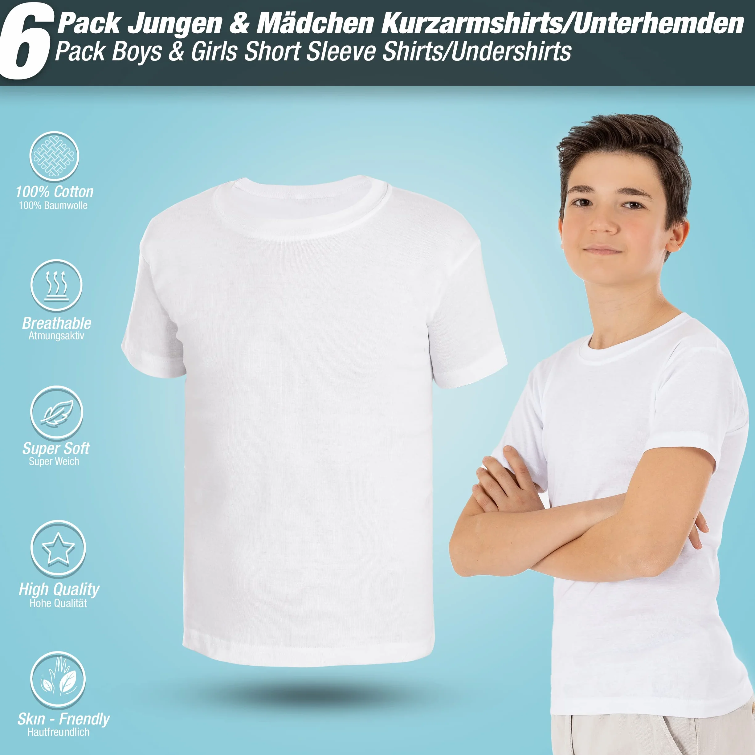 LOREZA ® 3/6 Confezione di Biancheria Intima per Bambini Unisex a Maniche Corte per Ragazzi Camicia Intima per Ragazze 100% Cotone