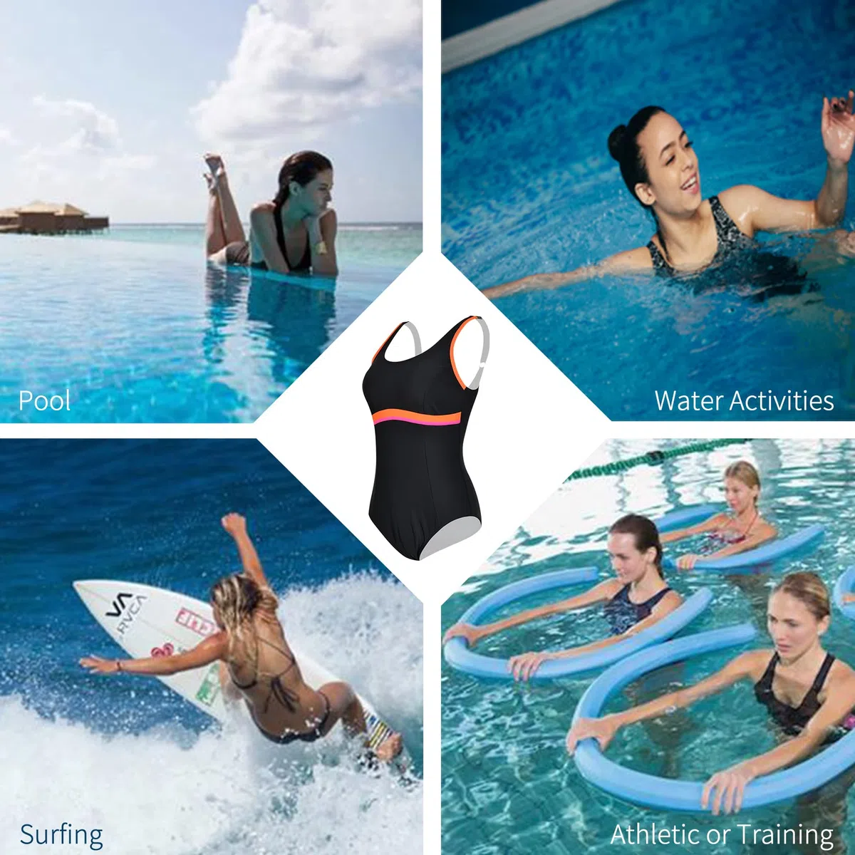 Veranobreeze Costume da Bagno da Donna di Un Pezzo Nero Atletico Modesto