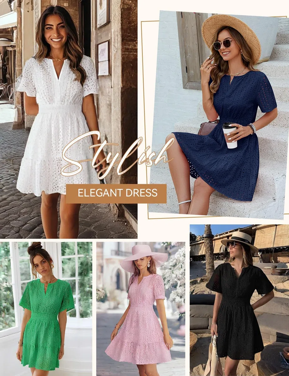 Yuson Girl Vestito Estivo Donna Scollo a V Abito Corto Maniche Corte Cotton Comodo Abito Vuoto Abito Mare Spiaggia Vestiti Casuale Eleganti Vita Alta Abiti Mini