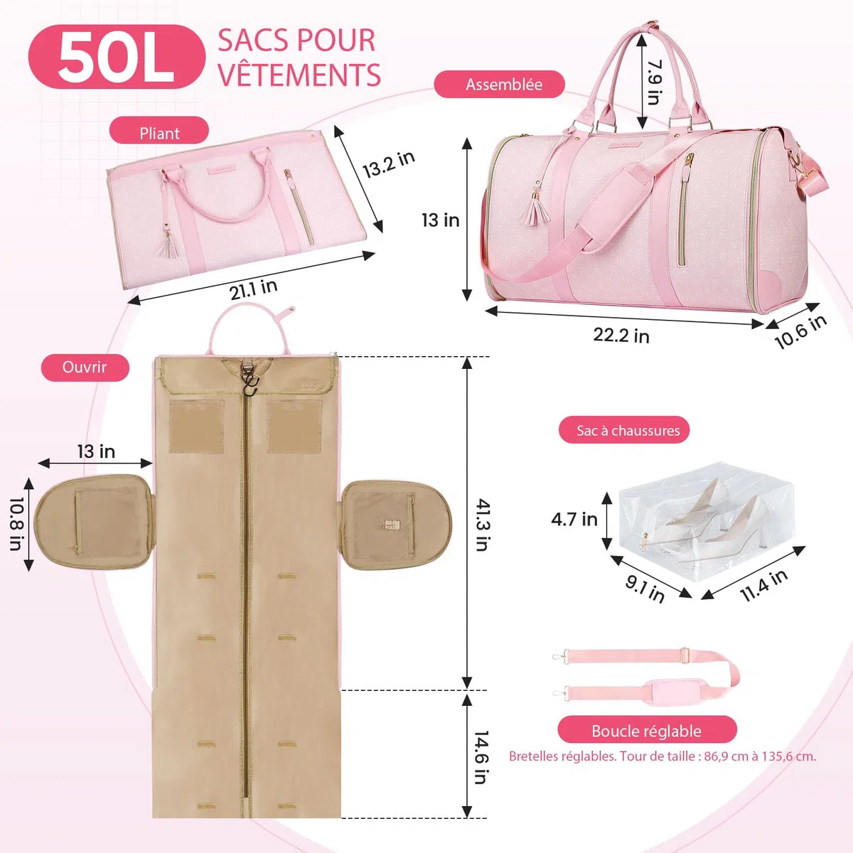 Borsa Porta Abiti da Viaggio Convertibile 50L, 2-in-1 Borsone con Pouch Scarpe Impermeabile e Sistema Anti-Piega per Uomo e Donna - Ideale per Viaggi di Lavoro e Vacanze(Rosa)