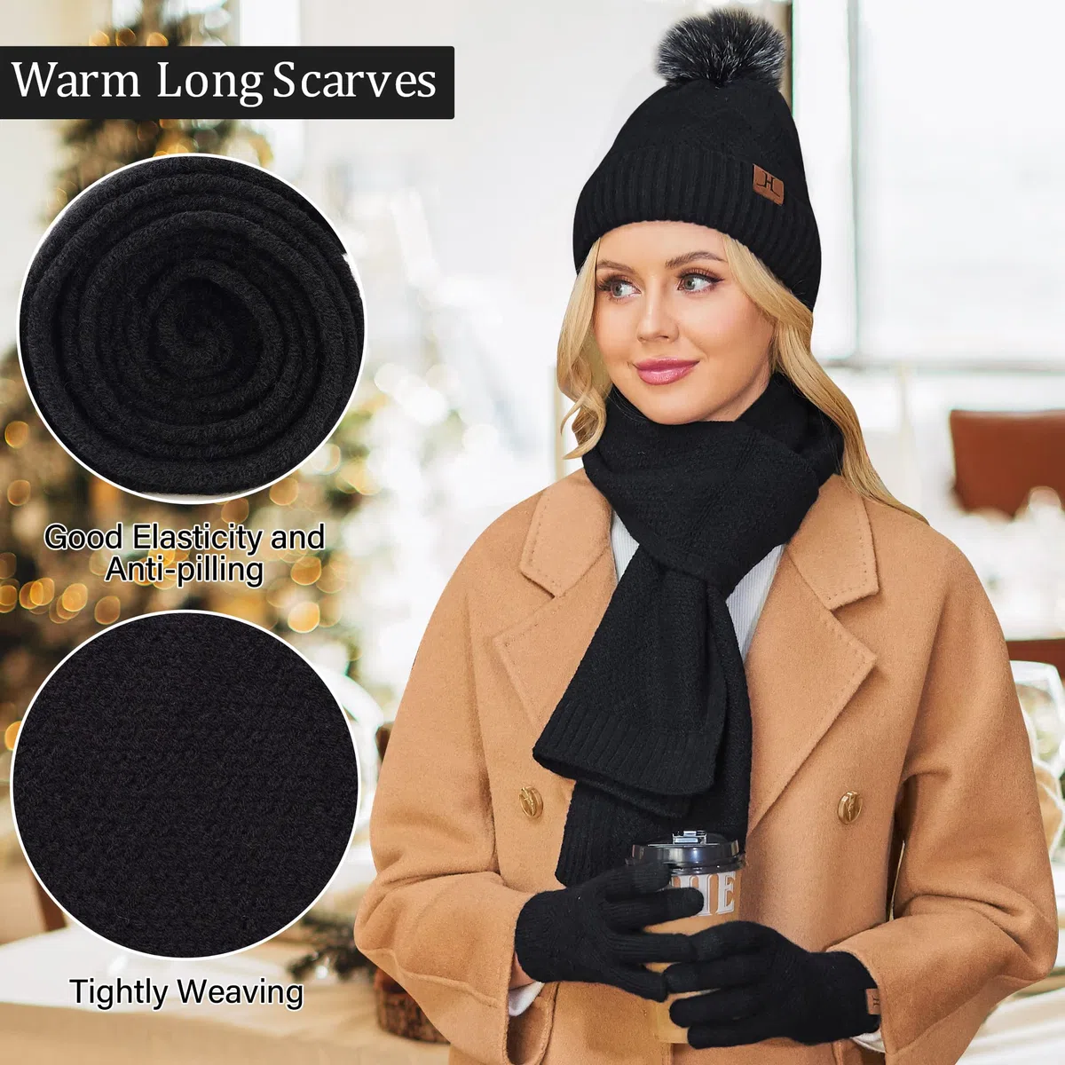 Bequemer Laden Donna Invernali Cappello Berretto con PON PON Lunga Sciarpa Sciarpe Touch Screen Guanti Set con Fodera in Pile, Regalo Donna