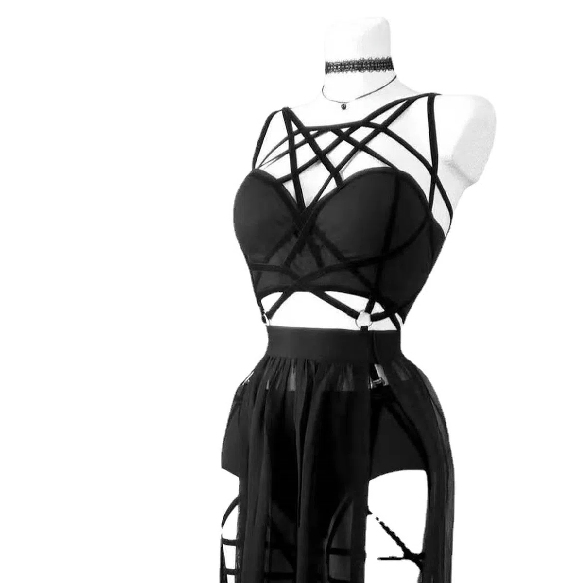 Completo Intimo Tre Pezzi con Abito con Spalline e Cuscinetti per Il Petto, Bellissima Gonna in Garza - Nero - M