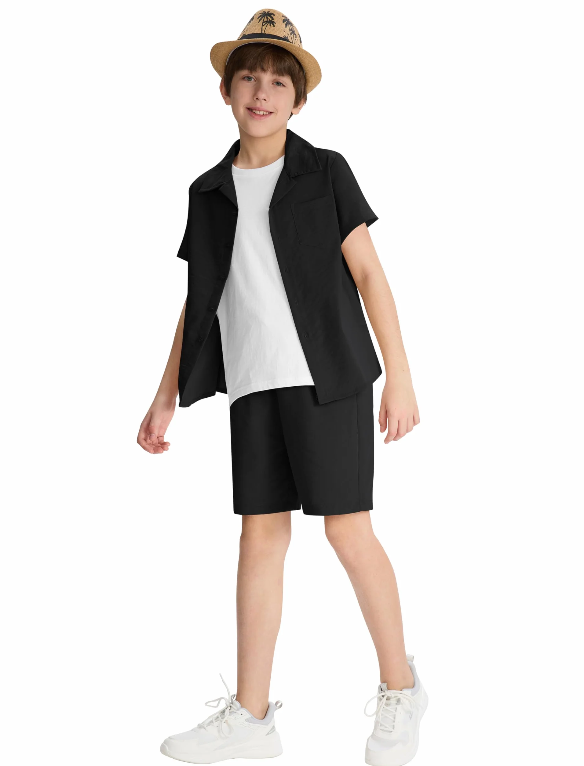 MoFiz Tuta Casual da Ginnastica Bambini e Ragazzi set di Abbigliamento da Spiaggia Completo Estivo Camicie a Maniche Corte con Bottoni e Shorts 8-18 anni