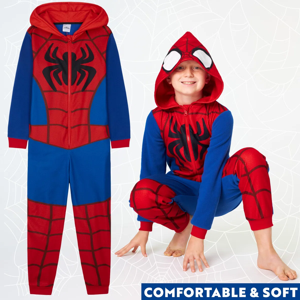 Marvel Spiderman Tuta Intera Bambino, Todo en Uno Pigiama Pile, Incappucciato Abbigliamento da Casa, Regalo Ragazzo