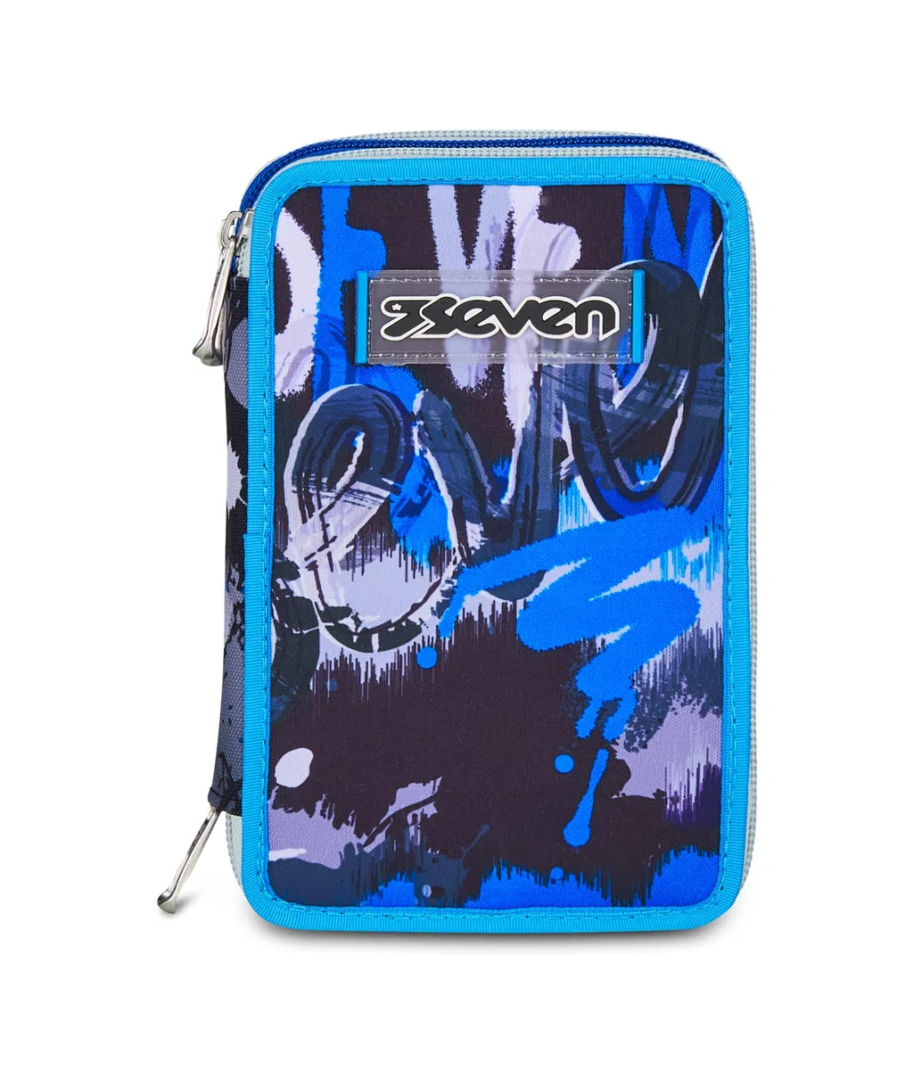 Seven Astuccio Scuola Elementare, 3 scomparti, Medie, con Matite, Pennarelli, Penne, 3 Zip, Hue & Writes, Bambino, Ragazzo, blu