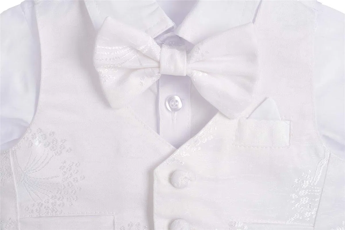 Lito Angels - Completo Abito Bianco da Battesimo per Bimbo, 5 Pezzi Set (Gilet, Camicia, Pantaloni, Papillon e Cappello), Manica Lunga, Floreale