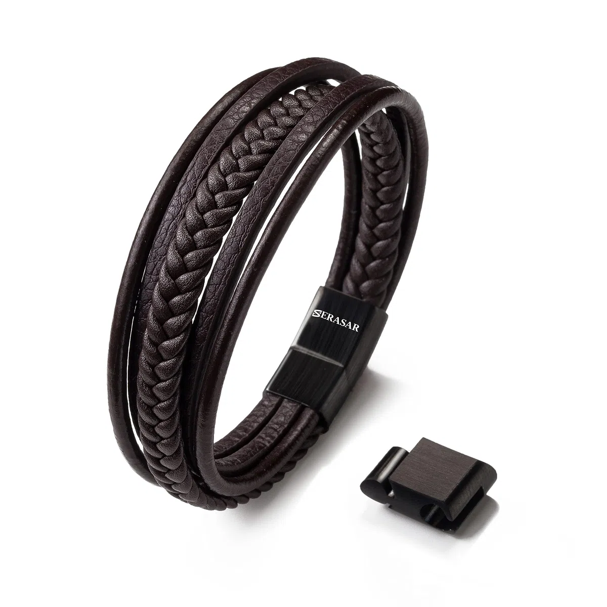 SERASAR Bracciale [Braid] Uomo Pelle in Nero/Marrone - Serratura Magnetica in Acciaio Inossidabile, Esclusivo Portagioie, Idea Regalo per Amici, Marito, Fidanzato | Lunghezza 17, 19, 21, 23, 25cm