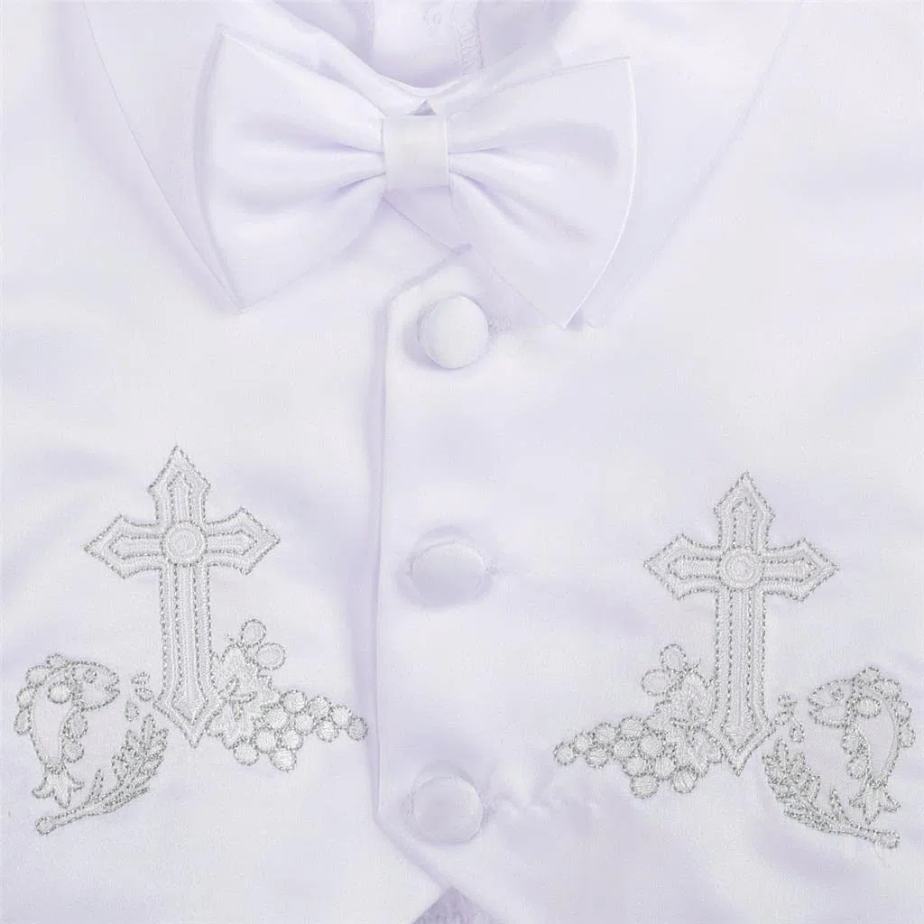 Lito Angels - Abito da Battesimo per Bimbo, Completo Bianco 4 Pezzi Set (Gilet, Camicia, Pantaloni, Papillon e Cappello), Manica Corta
