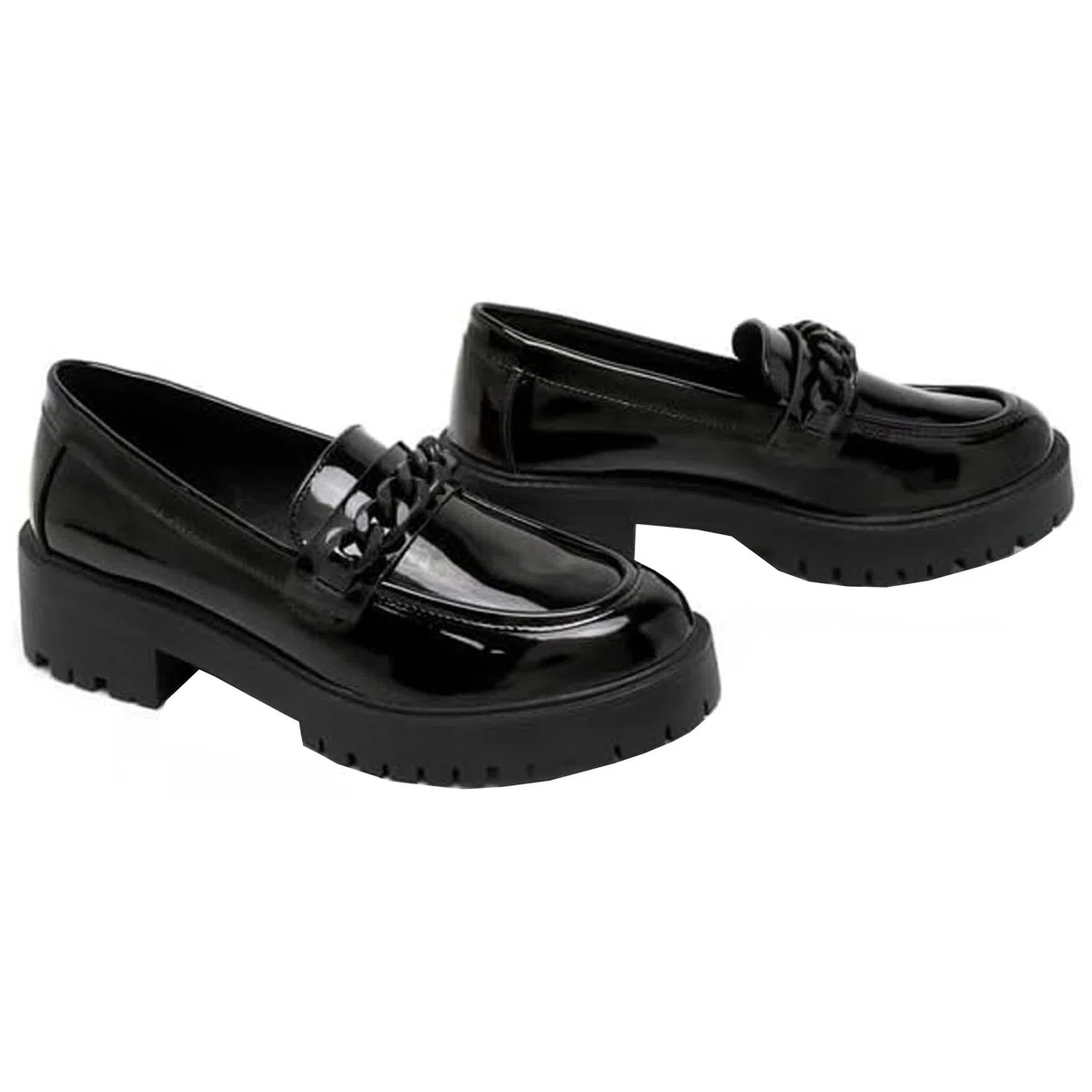 Scarpe da scuola per ragazze, eleganti mocassini in vernice nera con dettaglio a catena, suola antiscivolo, comode scarpe per il rientro a scuola per adolescenti
