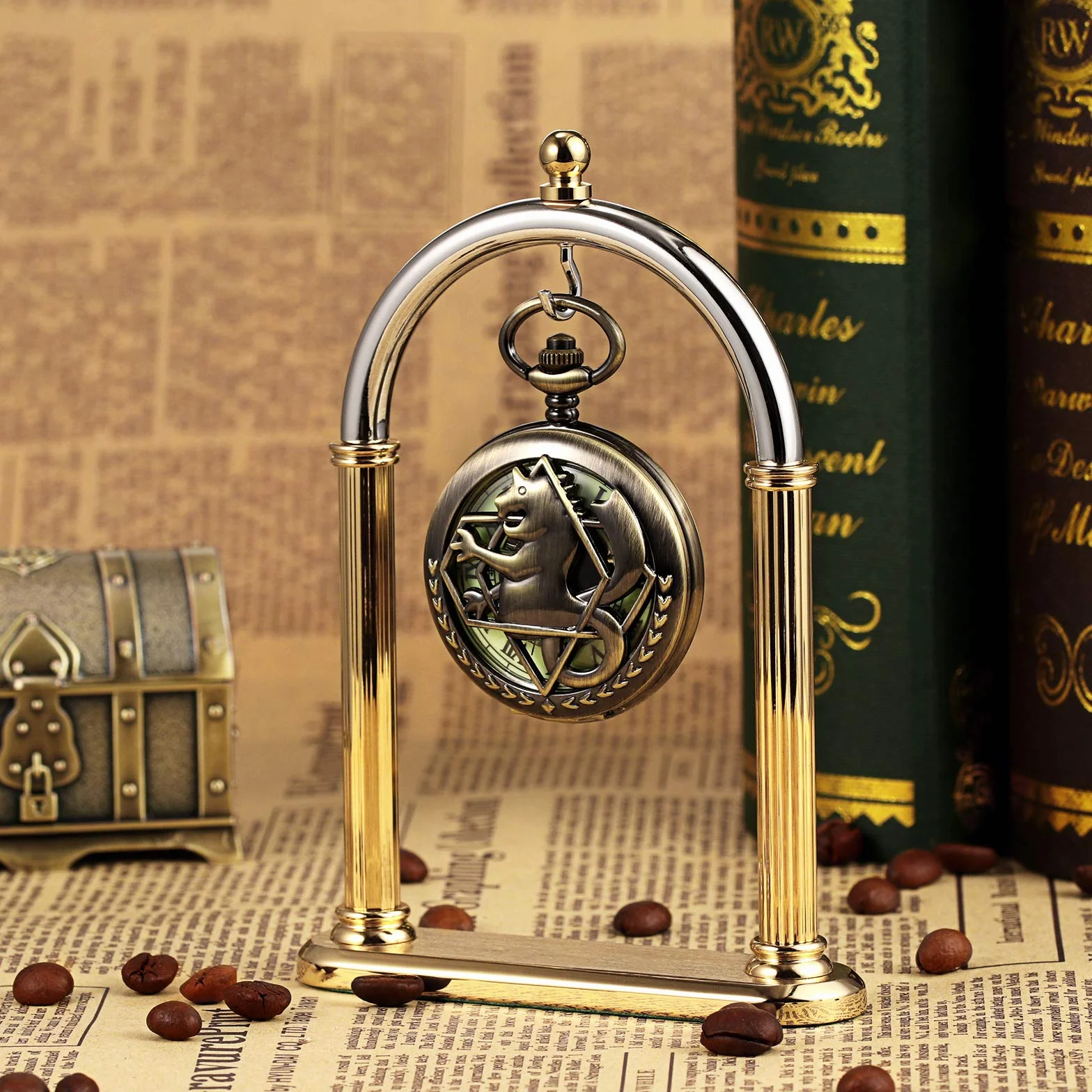 TREEWETO Fullmetal Alchemist - Orologio da taschino meccanico a doppia copertura, con scheletro Steampunk, da uomo e donna, con catena