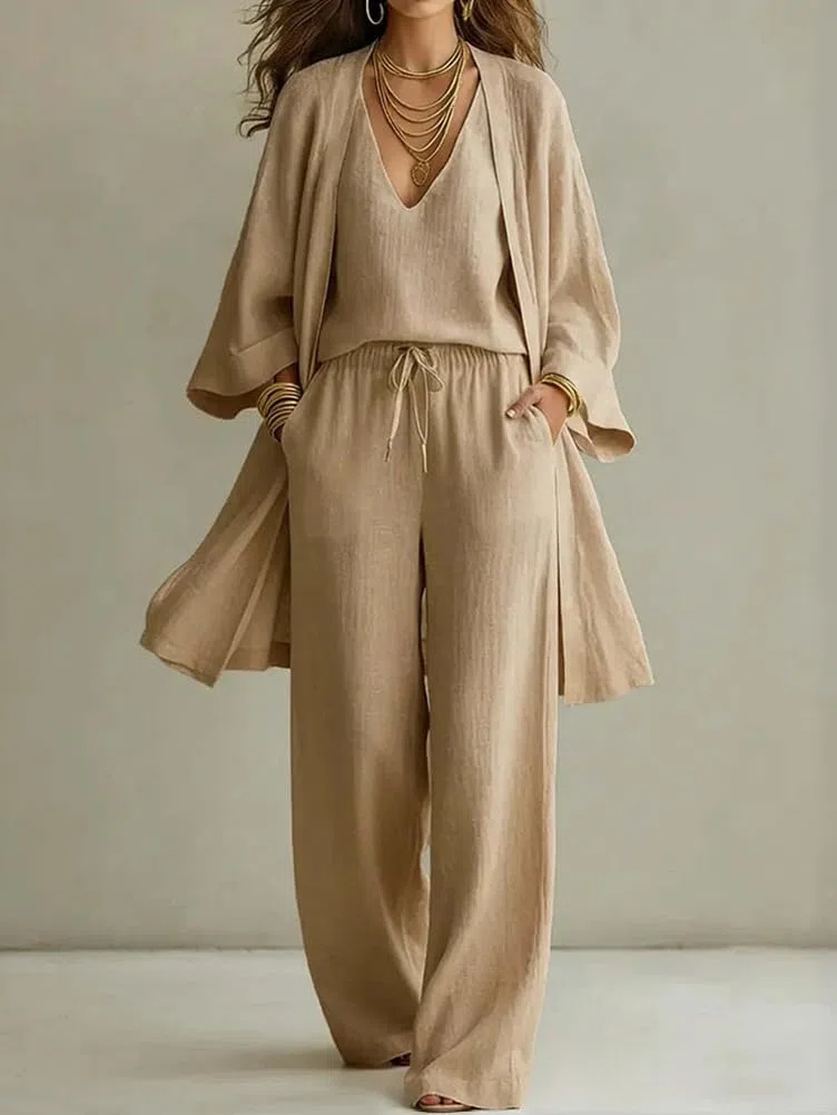 shownicer Completo Donna Estivo Lino Tuta Tre Pezzi Set Manica Lunga Curvy Completo in Lino