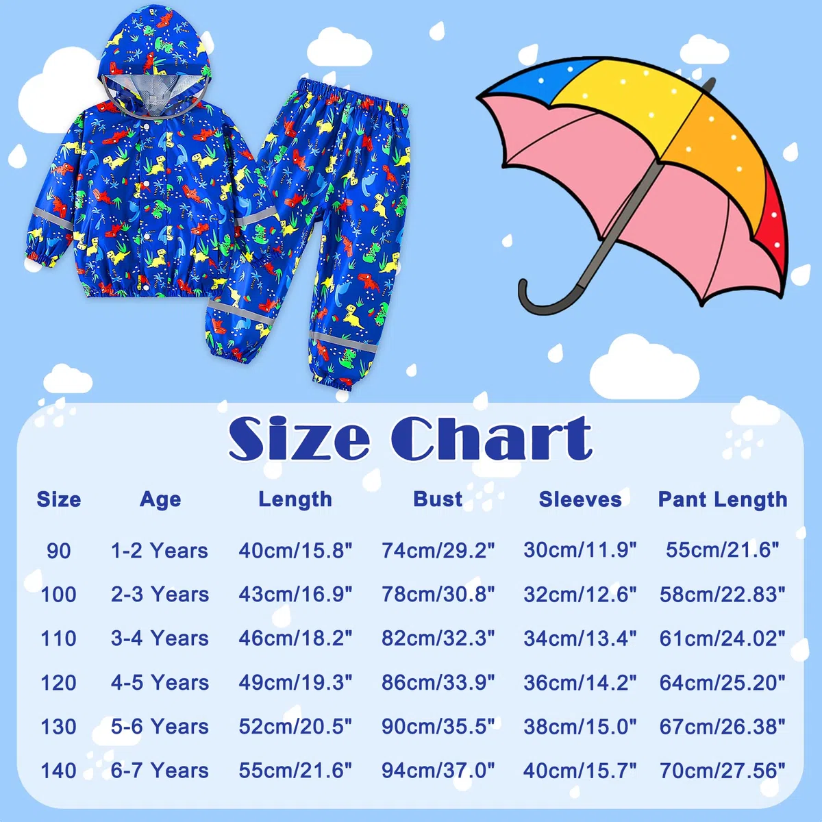 Tuta Impermeabile Bambino Bambina con Cappuccio Leggero Antipioggia Giacca & Pantaloni Impermeabili con Strisce Riflettenti Tuta Pioggia Completo Abbigliamento per Ragazze Ragazzi 1-7 anni