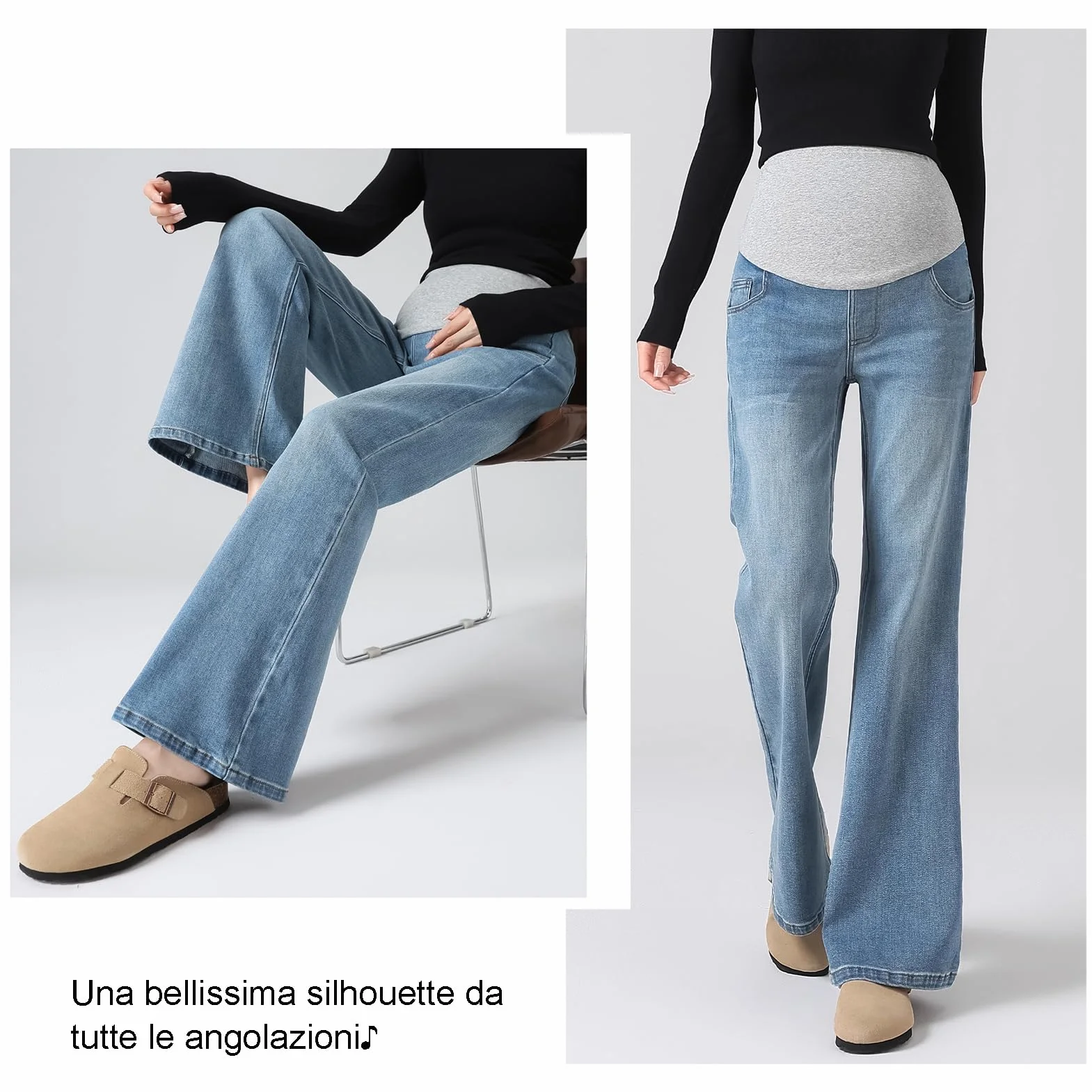 Jeans Gravidanza Svasati con Vita Regolabile - Life Comfort Taglie Forti per Donne sotto i 170cm, Tasche Utility
