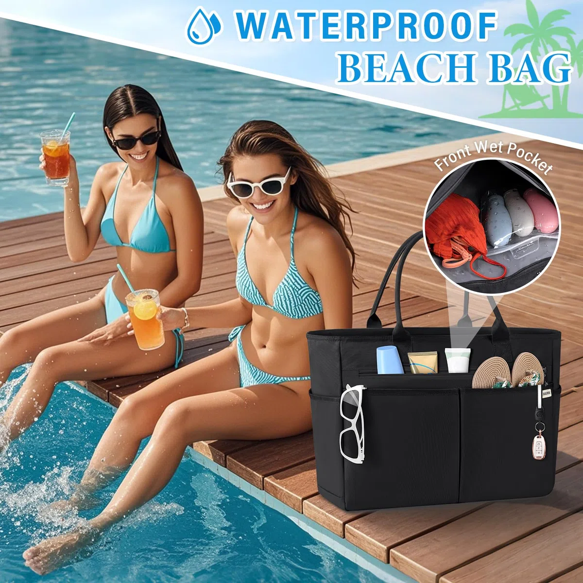 IGOLUMON Borsa Mare Donna Grande XXL Famiglia Borsa Spiaggia con Cerniera Capacità 40L Pieghevole Borse Tote per Mare Viaggio Shopping Nero