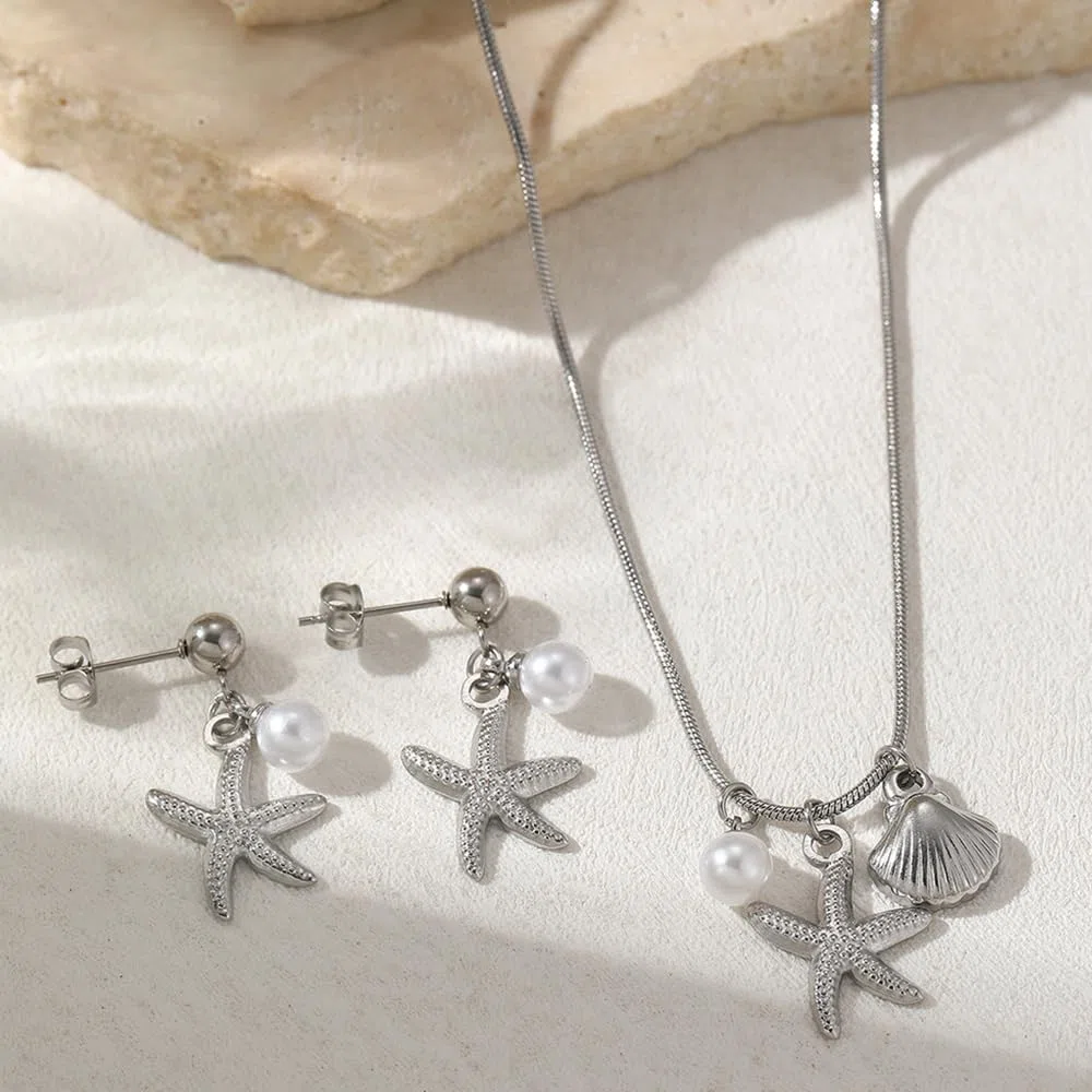Set Gioielli Stella Marina Conchiglia Perla Collana Orecchini Parure Acciaio Inossidabile Ciondolo Marino Catena Serpente
