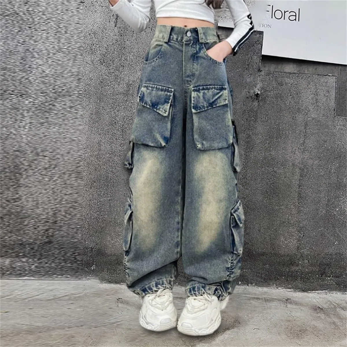 Jeans da bambina strappati, lavati, baggy, gamba larga, jeans casual, taglia 5-16, pantaloni da pioggia