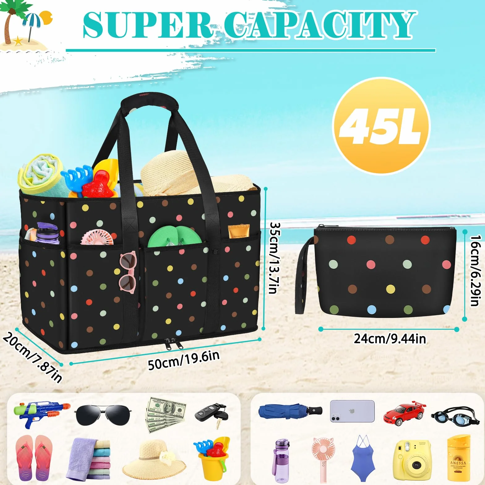 LUROON Borsa Mare Donna Grande XXL, Borsa Spiaggia Donna Famiglia Impermeabile con Zip, Borsa da Mare Beach Pieghevole Borsa Beach Tote Bag per Viaggio Spiaggia Piscina Vacanza
