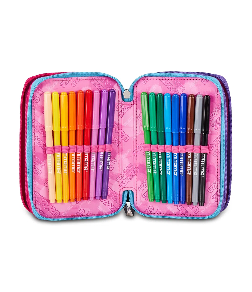 Seven Astuccio Scuola Elementare, 3 scomparti, Medie, con Matite, Pennarelli, Penne, 3 Zip, Purple Flare, Bambina e Ragazza, rosa/nero