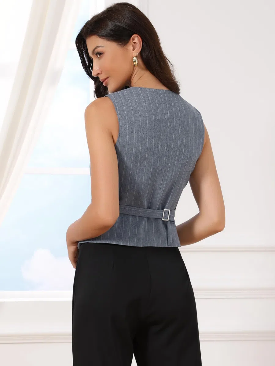 Allegra K Gilet Blazer Donna a Righe con Scollo a V e Bottoni Elegante e Completamente Foderato