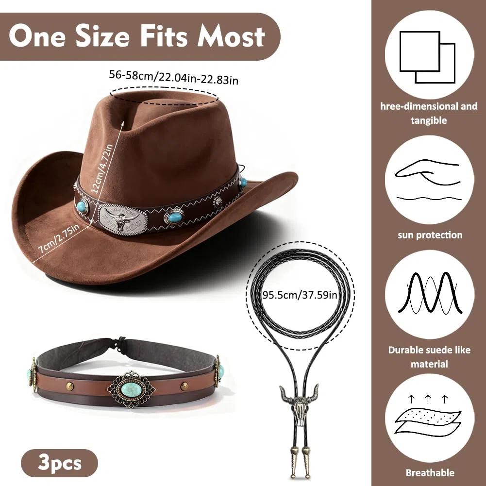 Cappello da Cowboy Western con dettagli turchesi e testa di toro, cravatta in pelle e fascia per cappello inclusi, accessorio per Carnevale, Halloween e feste a tema Western, regalo