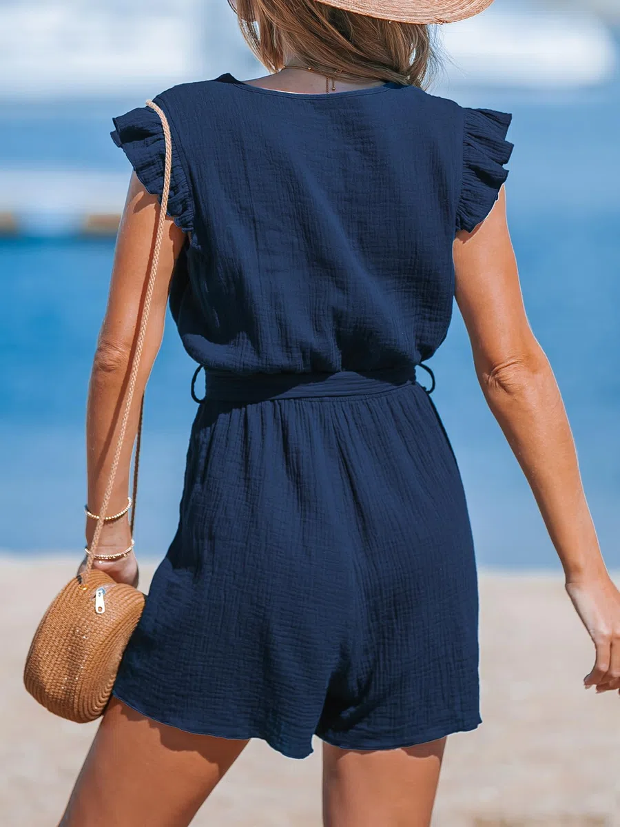 CUPSHE Tuta da donna con scollo a V, effetto avvolgente, maniche svasate, gamba larga, tuta estiva corta