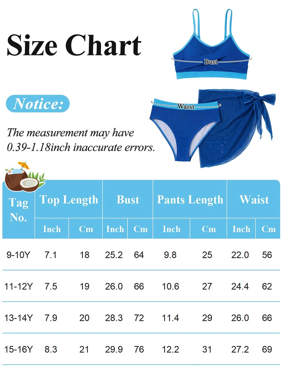 Set Bikini 3 Pezzi Costume da Bagno con Spalline Spaghetti Gerippt Set da Bagno Imbottito Tinta Unita 9-16 Anni