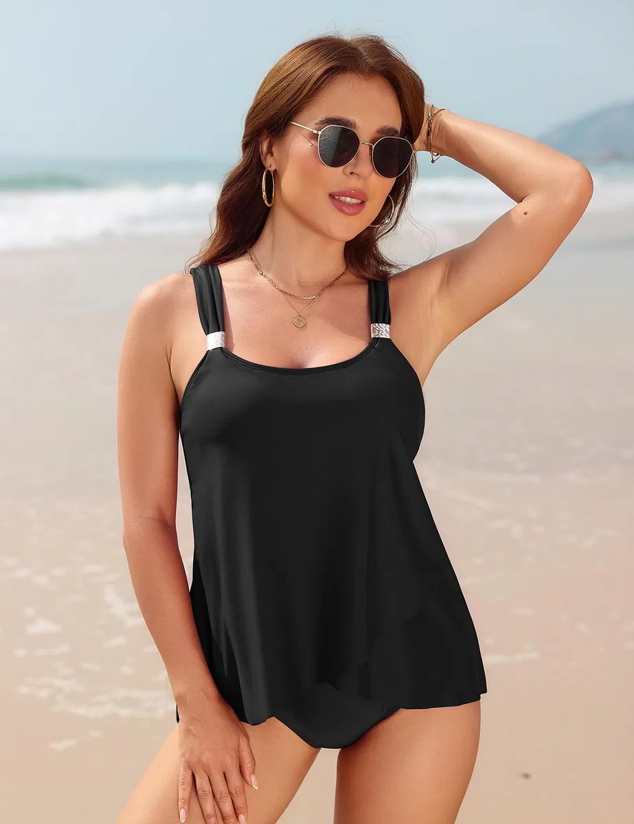 Nadeer Tankini Donna Curvy Costume da Bagno Due Pezzi Push Up Sexy Imbottito Reggiseno Costumi da Bagno con Vita Alta Boyshort Controllo Pancia per Mare Spiaggia Piscina