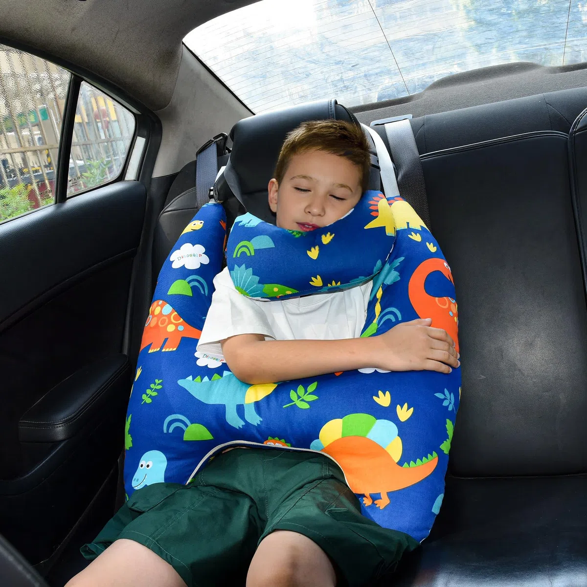 Cuscino Auto Bambini, Cuscino Auto per Bambini a Forma di H, Cuscino da Viaggio per Bambini in Auto, Lavabile, Regolabile e Traspirante, per I Lunghi Viaggi in Auto (Dinosauro)