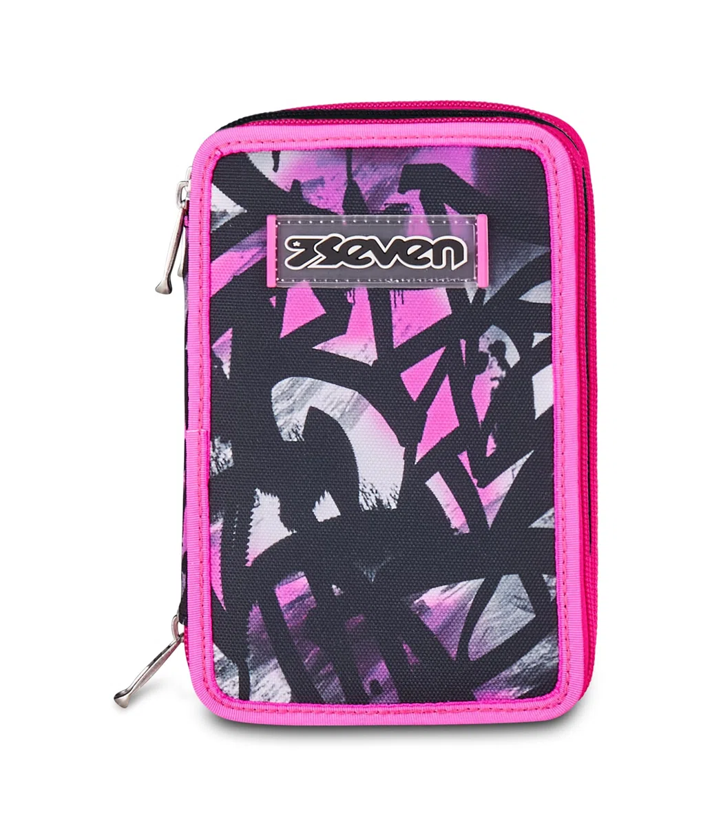 Seven Astuccio Scuola Elementare, 3 scomparti, Medie, con Matite, Pennarelli, Penne, 3 Zip, Starnova, Bambina e Ragazza, nero/fucsia